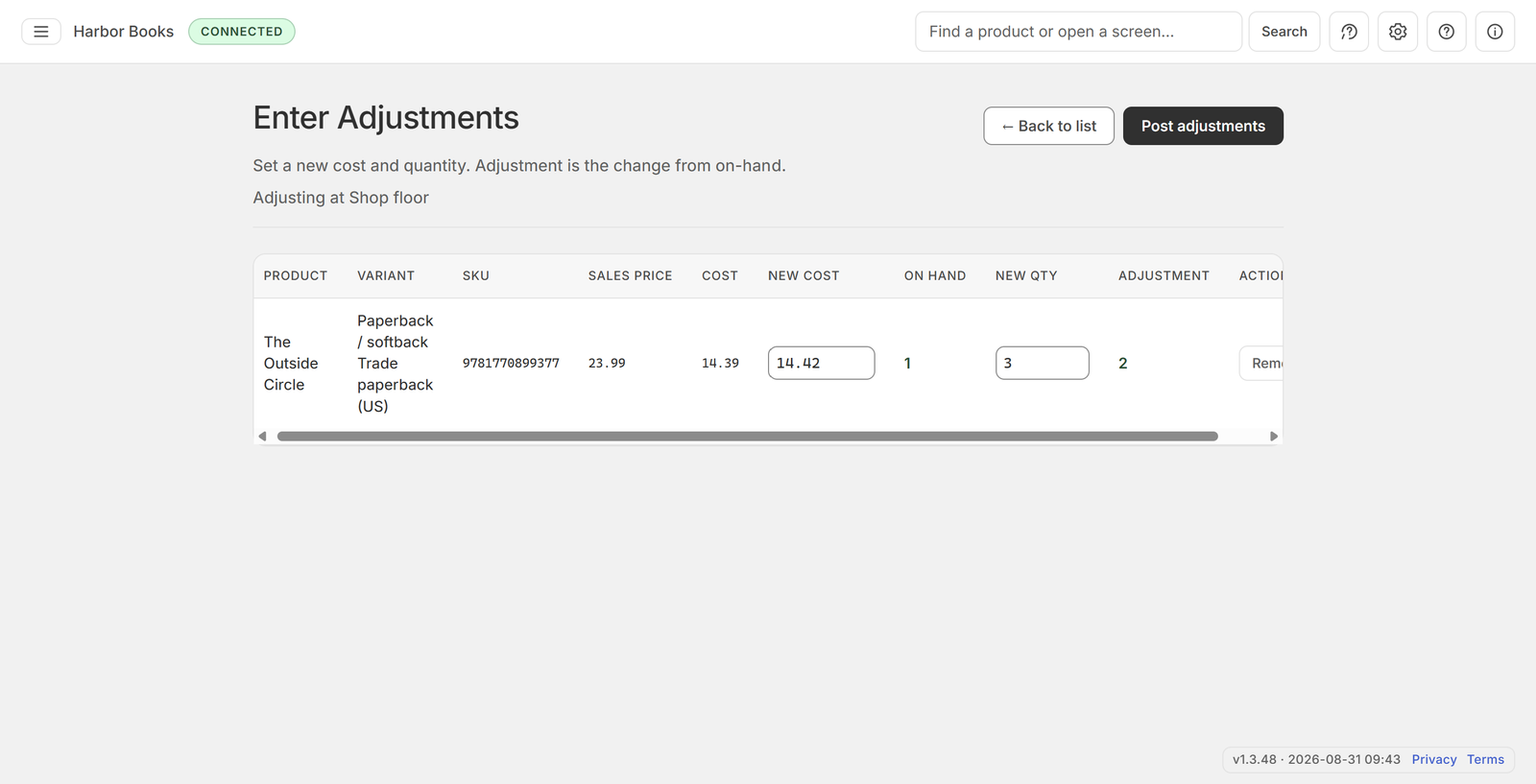 Enter a new quantity or cost