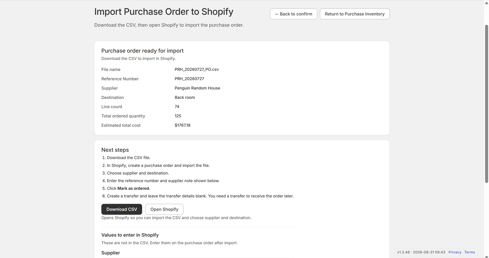 Download CSV for Shopify Admin