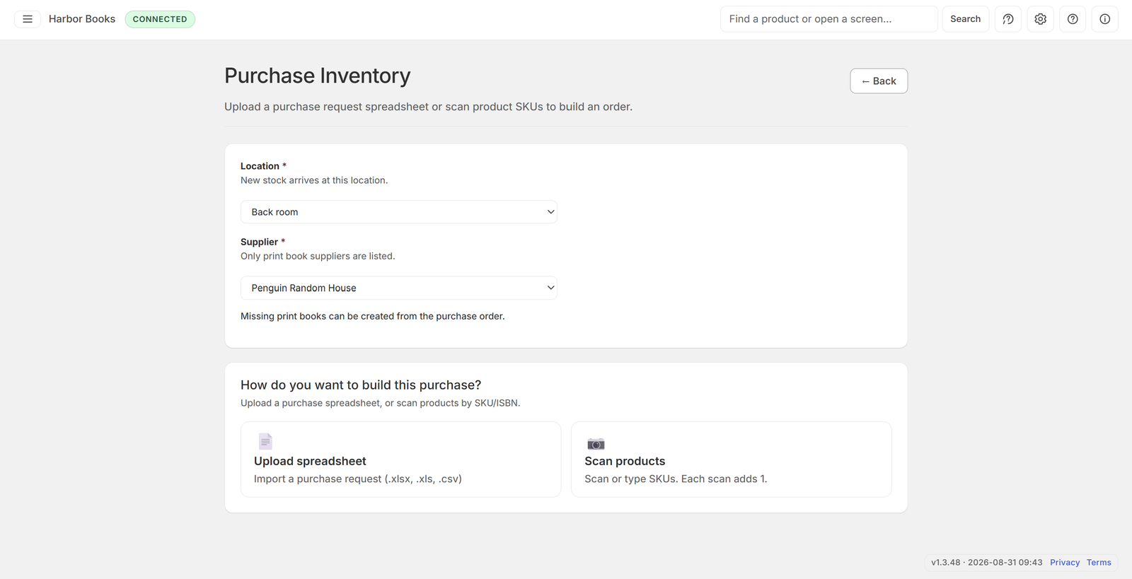 Purchase Inventory with location and supplier chosen