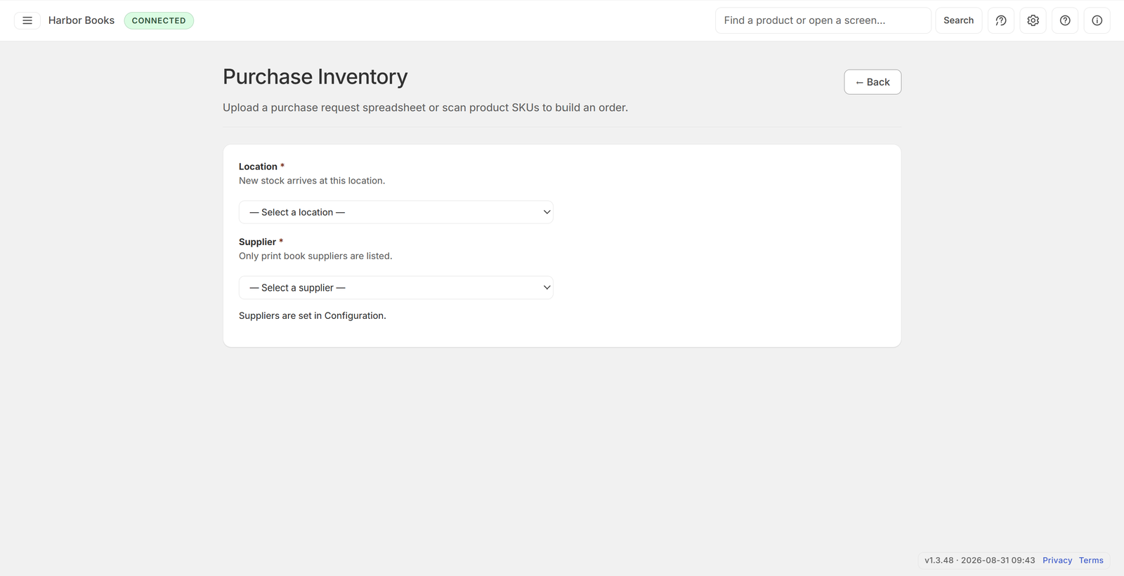 Purchase Inventory before location and supplier are chosen