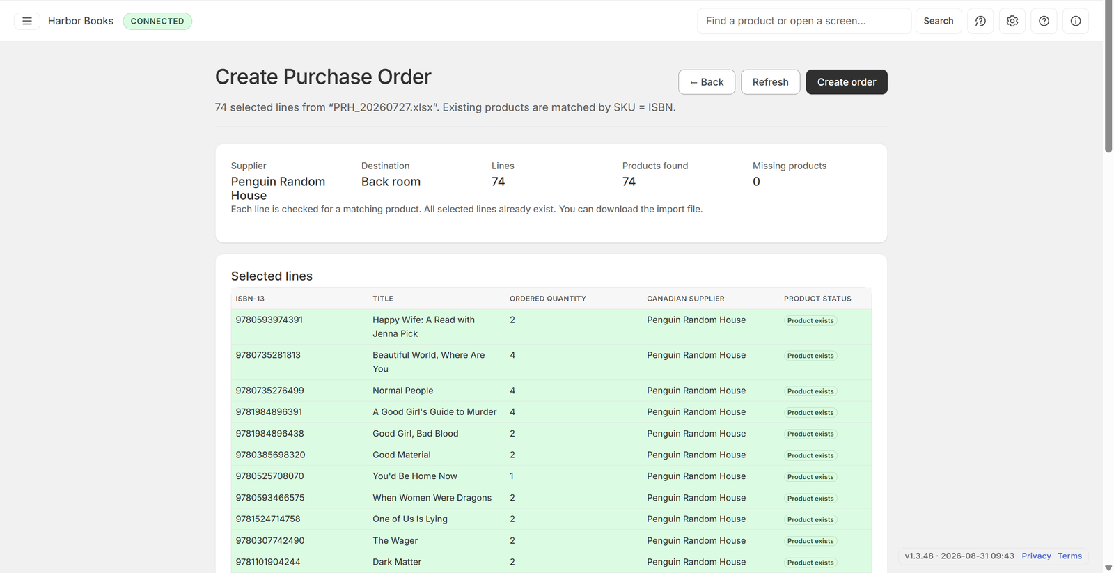 Purchase lines with matching products