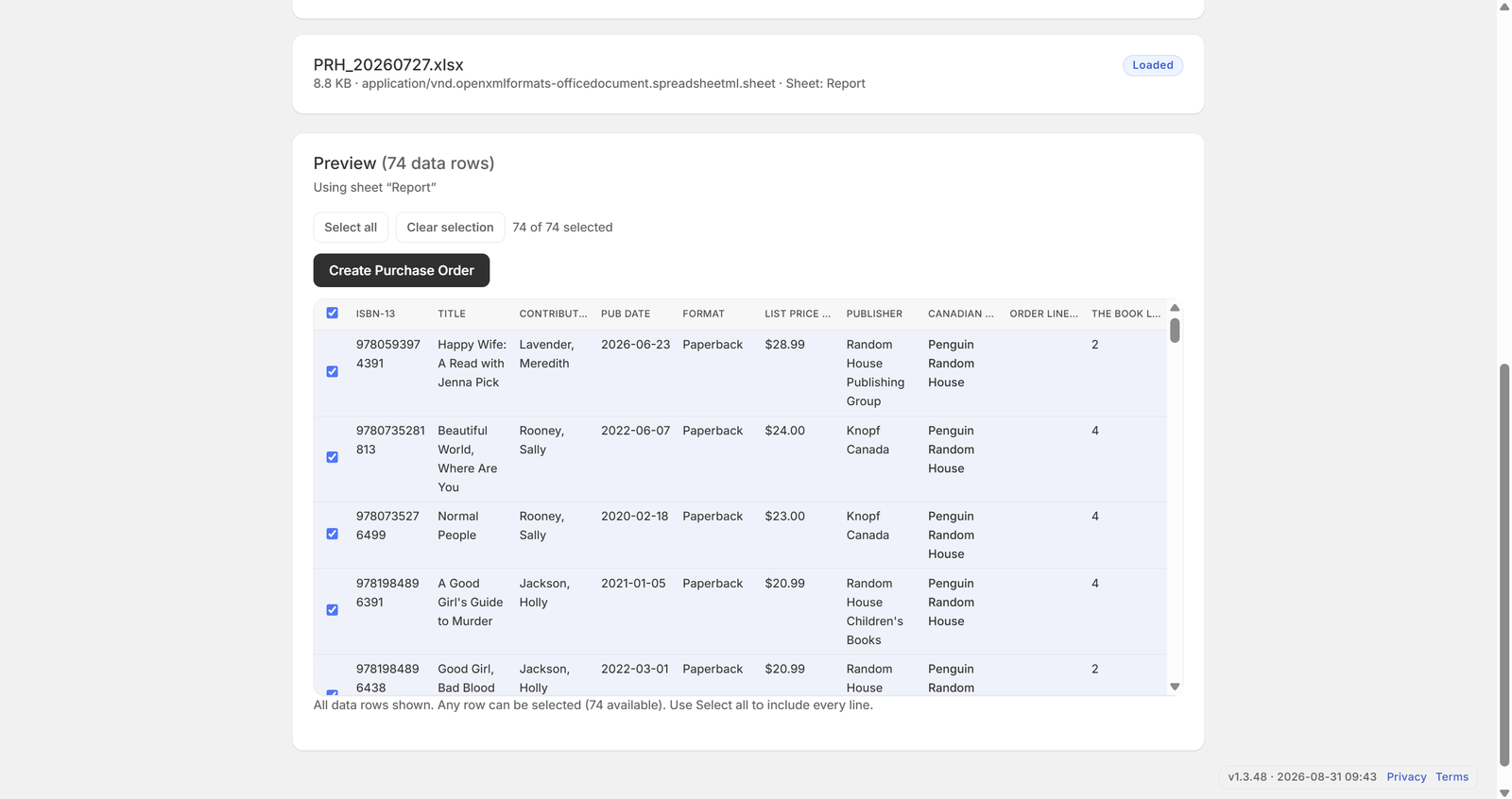 Review uploaded purchase lines
