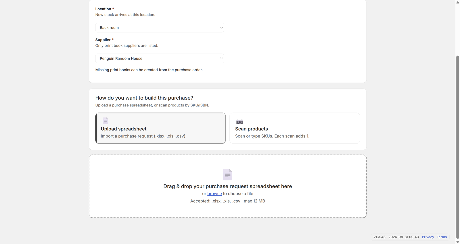 Upload a purchase spreadsheet