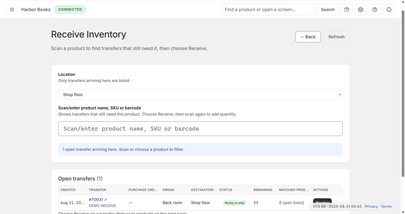 Receive Inventory with a location and open transfers