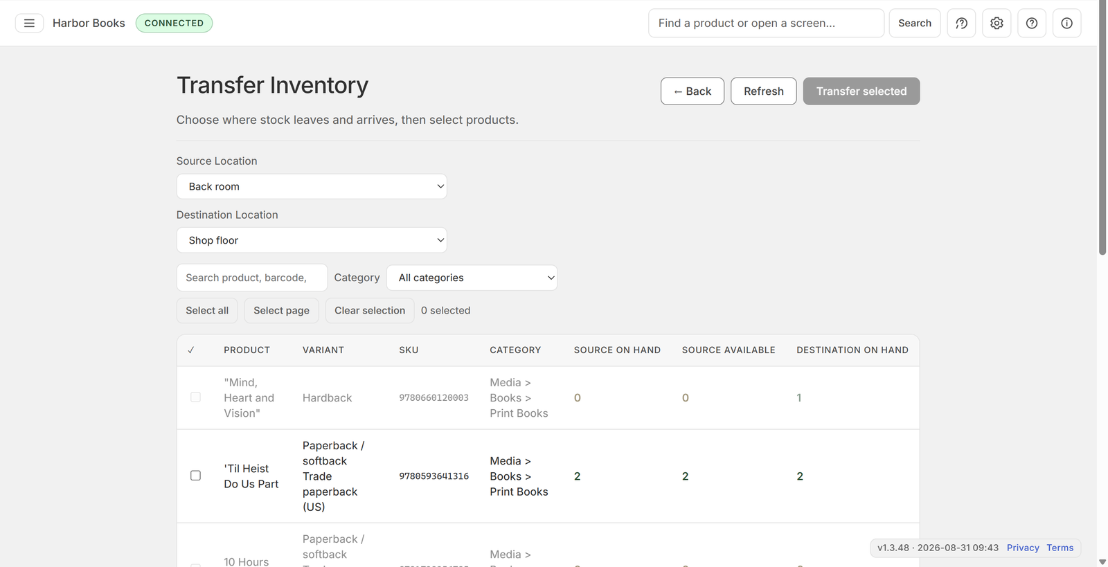 Transfer Inventory with source and destination chosen