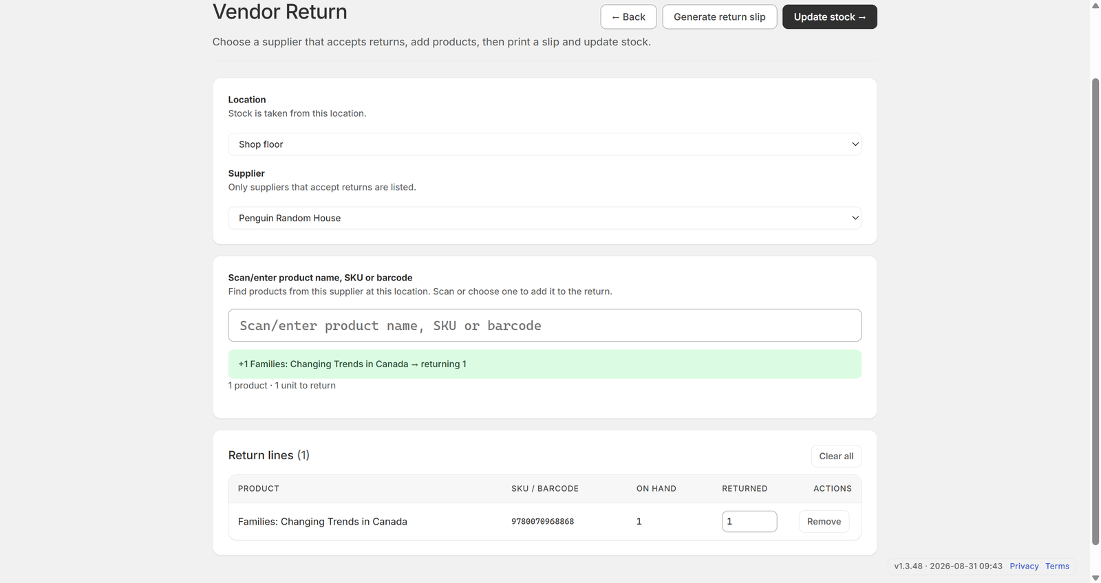 Add products to a vendor return