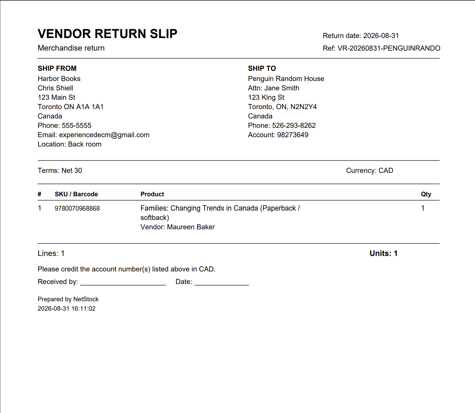 A vendor return slip