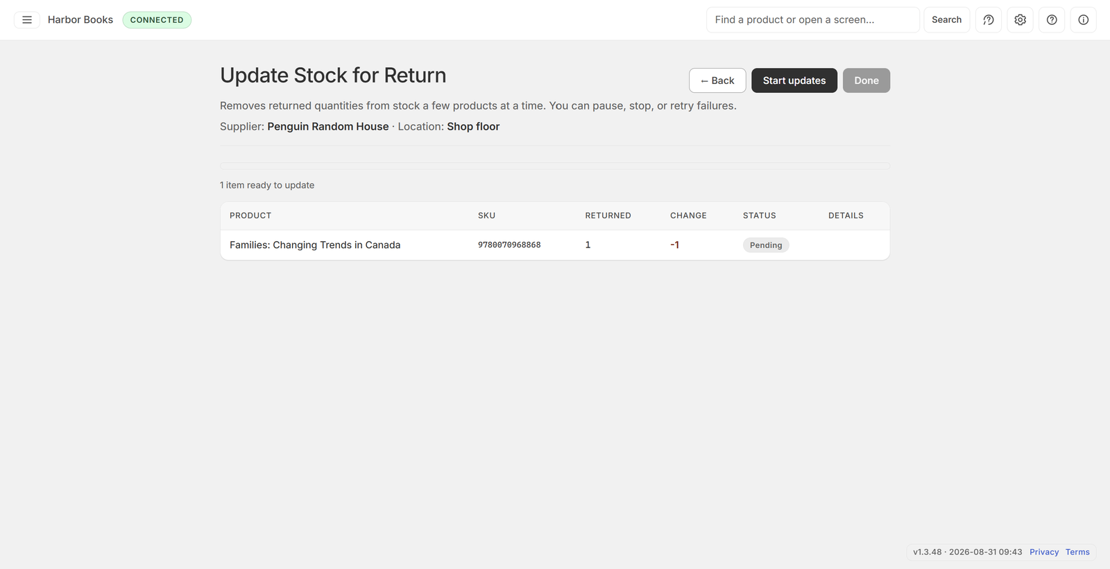 Update stock for a vendor return