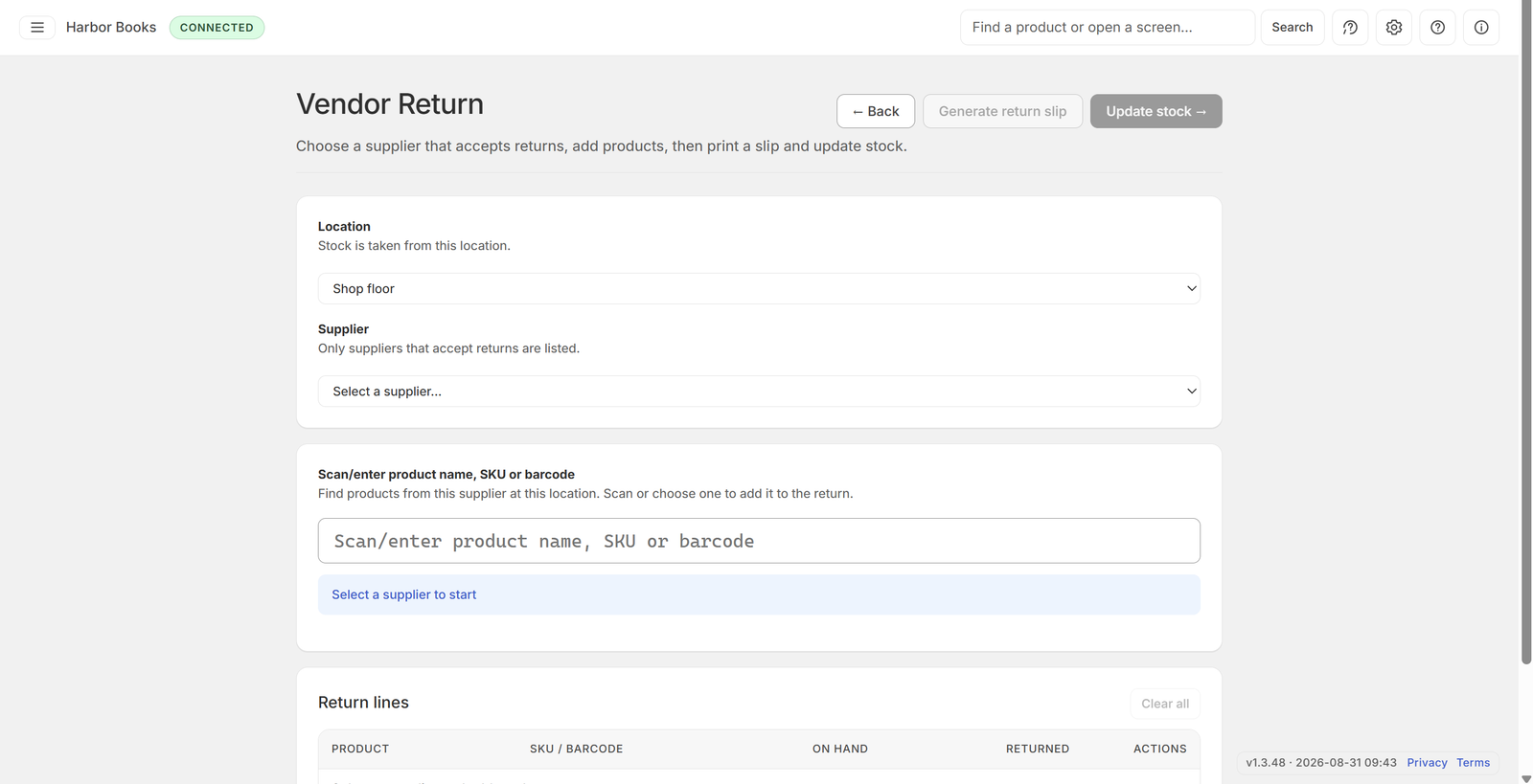 Vendor Return with location and supplier